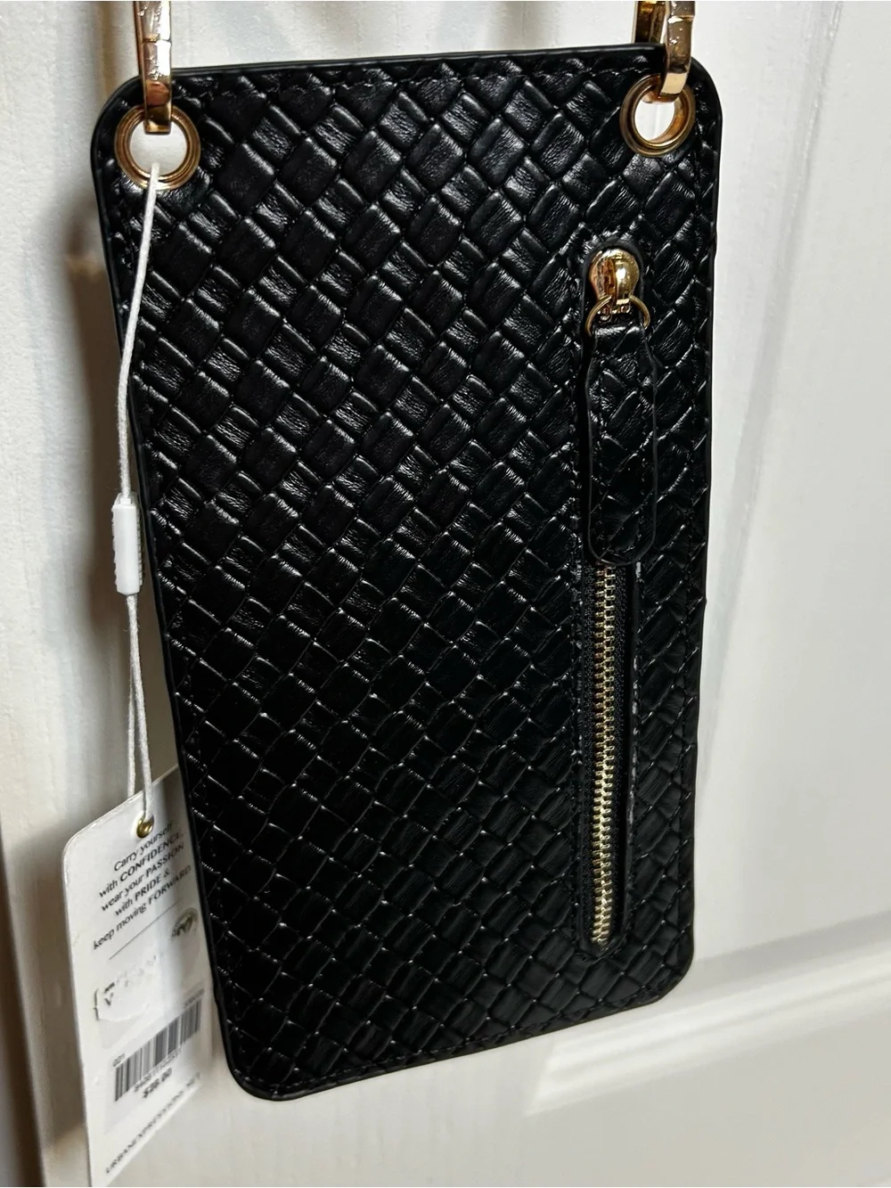 Urban Expressions Woven Cell Phone Crossbody Card Wallet Black Vegan Leather